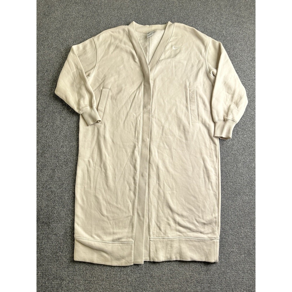 Womens Nike Cream Fleece Open Front Long Cardigan Coat, Size S